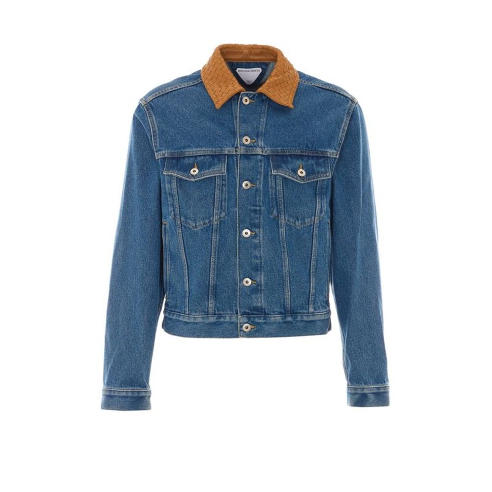 Bottega Veneta Men Denim Jacket With Intrecciato Collar